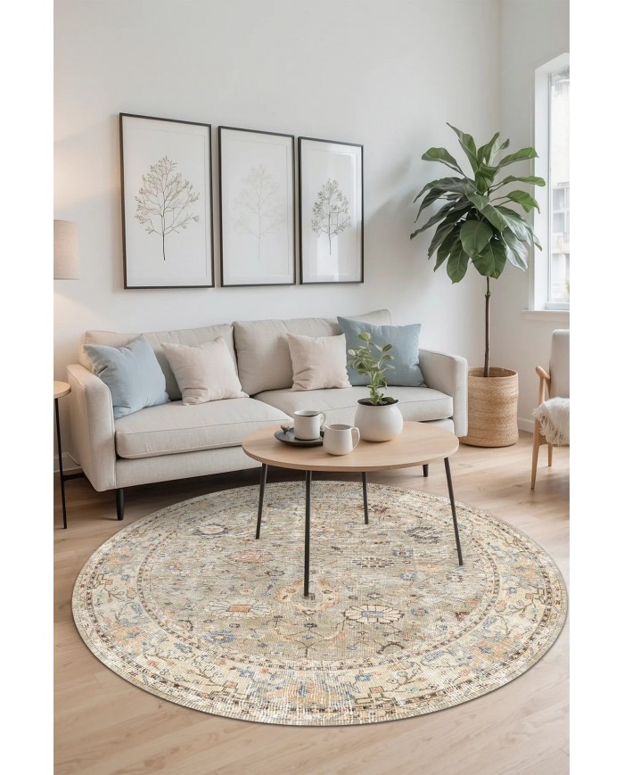 Monty Vintage Desenli Şönil Pamuk Tabanlı Yıkanabilen Kaymaz Antibakteriyel Yuvarlak Salon Halısı