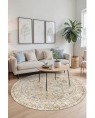 Monty Vintage Desenli Şönil Pamuk Tabanlı Yıkanabilen Kaymaz Antibakteriyel Yuvarlak Salon Halısı