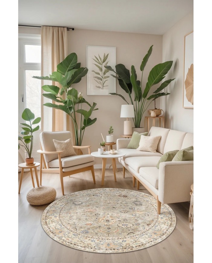 Monty Vintage Desenli Şönil Pamuk Tabanlı Yıkanabilen Kaymaz Antibakteriyel Yuvarlak Salon Halısı