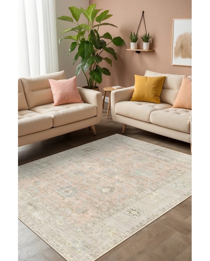 Carme Desenli Pamuk Tabanlı Yıkanabilen Kaymaz Antibakteriyel Şönil Salon Halısı