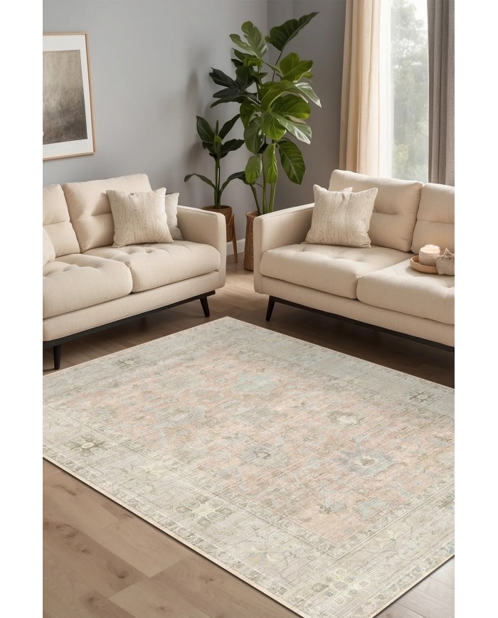 Carme Desenli Pamuk Tabanlı Yıkanabilen Kaymaz Antibakteriyel Şönil Salon Halısı