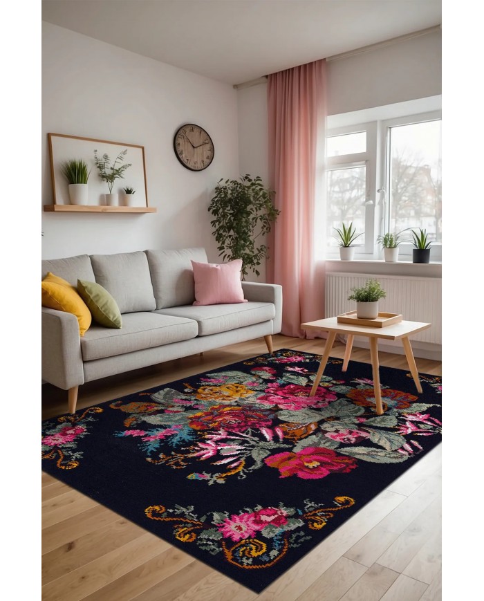 Mirage Karabağ Desenli Pamuk Tabanlı Yıkanabilen Kaydırmaz Antibakteriyel Şönil Salon Halısı