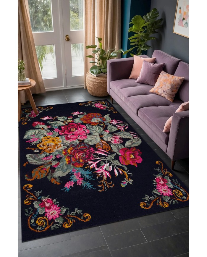 Mirage Karabağ Desenli Pamuk Tabanlı Yıkanabilen Kaydırmaz Antibakteriyel Şönil Salon Halısı