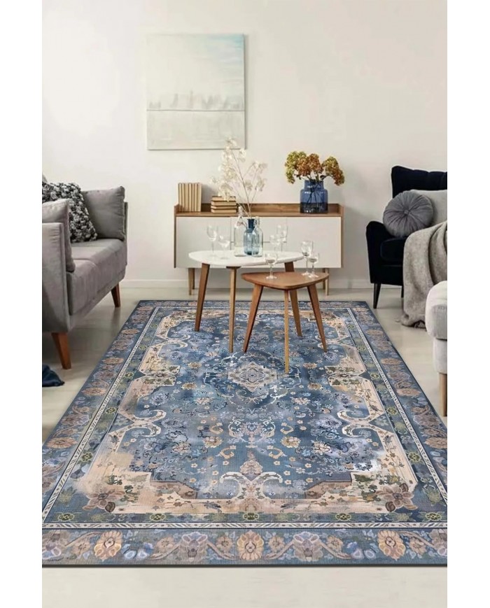 Madala Desenli Pamuk Tabanlı Yıkanabilen Kaymaz Antibakteriyel Şönil Salon Halısı