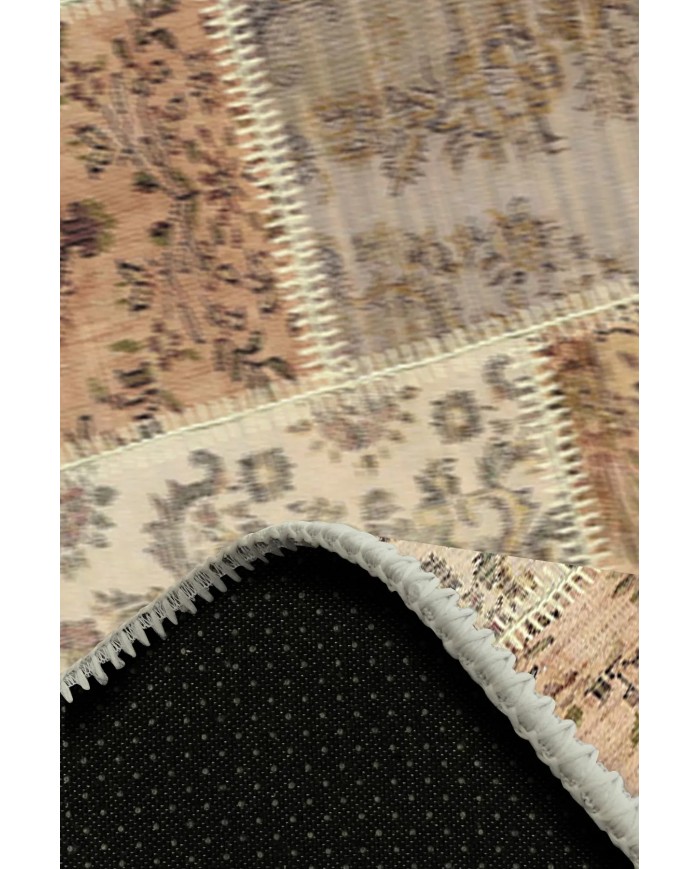 Serene Patchwork Desenli Pamuk Tabanlı Yıkanabilen Kaydırmaz Antibakteriyel Şönil Salon Halısı