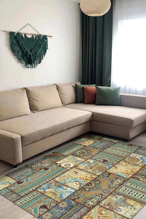 Node Patchwork Desenli Pamuk Tabanlı Yıkanabilen Kaydırmaz Antibakteriyel Şönil Salon Halısı