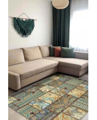 Node Patchwork Desenli Pamuk Tabanlı Yıkanabilen Kaydırmaz Antibakteriyel Şönil Salon Halısı