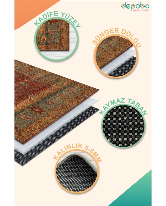 Rubby Kadife Yıkanabilir Kaymaz Pamuk Tabanlı Antibakteriyel Salon Halısı