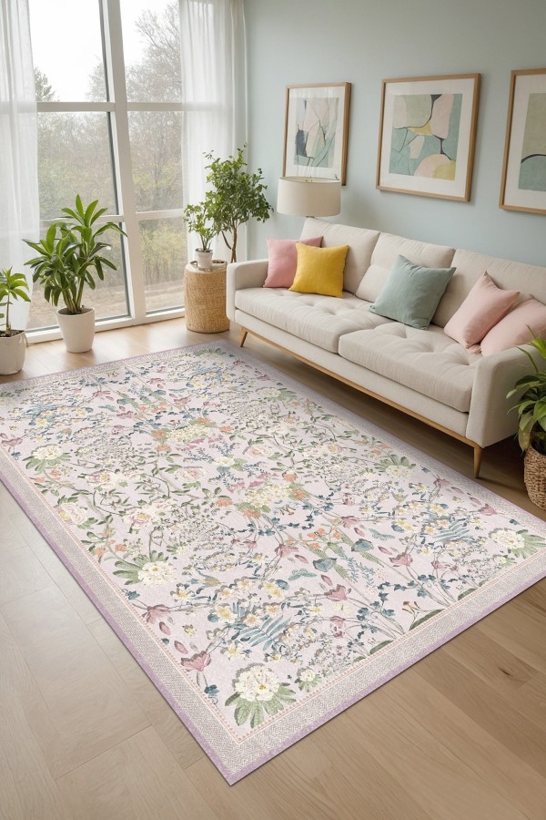 Arımo Floral Desenli Pamuk Tabanlı Yıkanabilen Kaydırmaz Antibakteriyel Şönil Salon Halısı Arımo Floral Desenli Pamuk Tabanlı Yıkanabilen Kaydırmaz Antibakteriyel Şönil Salon Halısı
