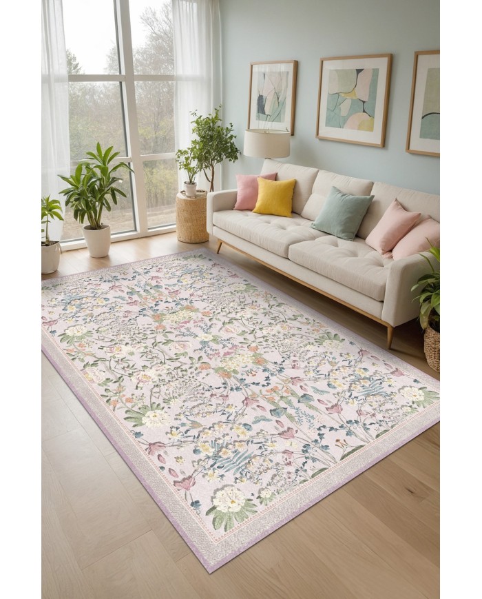 Arımo Floral Desenli Pamuk Tabanlı Yıkanabilen Kaydırmaz Antibakteriyel Şönil Salon Halısı