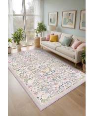 Arımo Floral Desenli Pamuk Tabanlı Yıkanabilen Kaydırmaz Antibakteriyel Şönil Salon Halısı