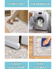 Arımo Floral Desenli Pamuk Tabanlı Yıkanabilen Kaydırmaz Antibakteriyel Şönil Salon Halısı
