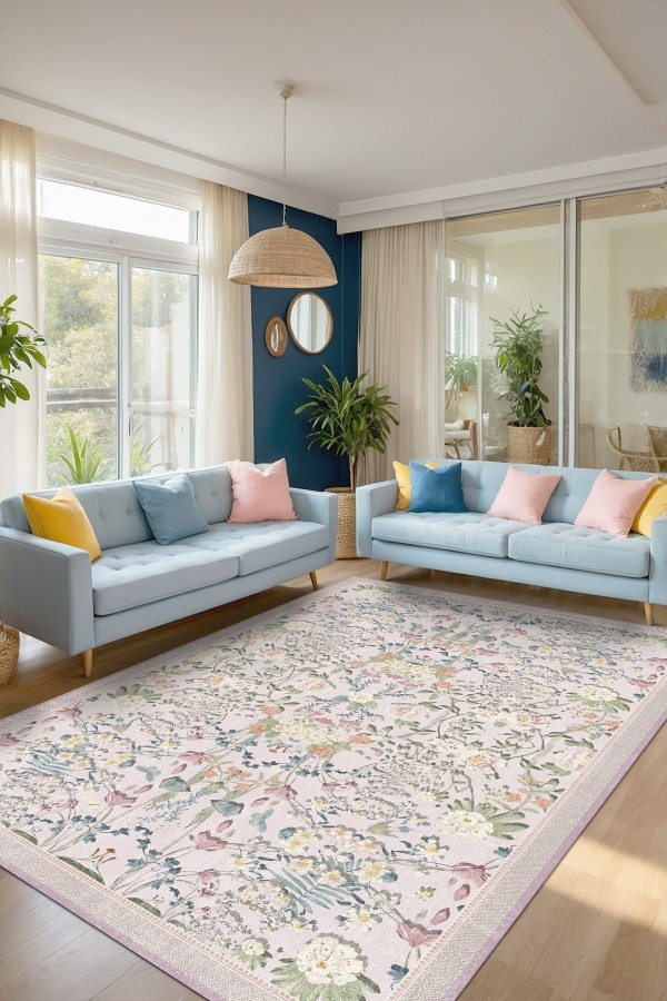 Arımo Floral Desenli Pamuk Tabanlı Yıkanabilen Kaydırmaz Antibakteriyel Şönil Salon Halısı Arımo Floral Desenli Pamuk Tabanlı Yıkanabilen Kaydırmaz Antibakteriyel Şönil Salon Halısı