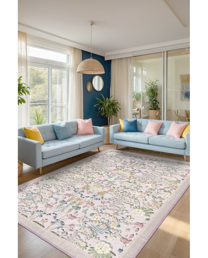 Arımo Floral Desenli Pamuk Tabanlı Yıkanabilen Kaydırmaz Antibakteriyel Şönil Salon Halısı