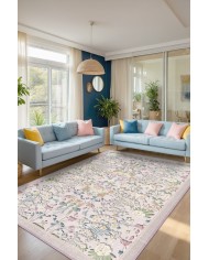 Arımo Floral Desenli Pamuk Tabanlı Yıkanabilen Kaydırmaz Antibakteriyel Şönil Salon Halısı