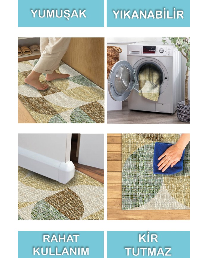 Bande Modern Şönil Desenli Pamuk Tabanlı Yıkanabilen Kaydırmaz Antibakteriyel  Salon Halısı