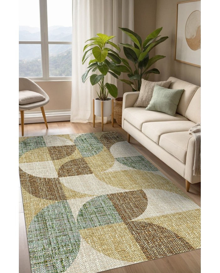 Bande Modern Şönil Desenli Pamuk Tabanlı Yıkanabilen Kaydırmaz Antibakteriyel  Salon Halısı