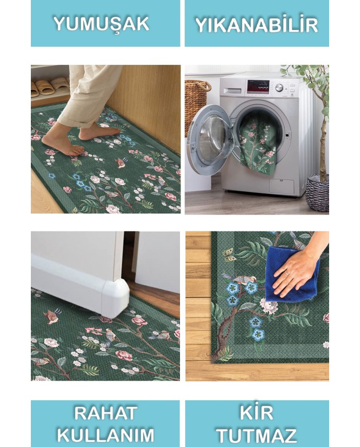 Groos Floral Desenli Pamuk Tabanlı Yıkanabilen Kaydırmaz Antibakteriyel Şönil Salon Halısı