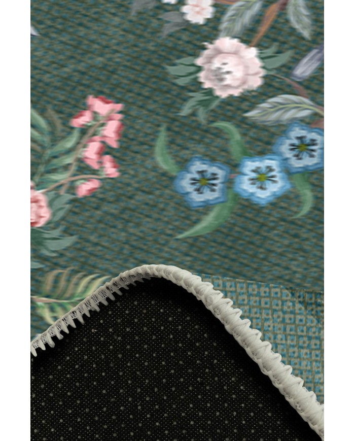 Groos Floral Desenli Pamuk Tabanlı Yıkanabilen Kaydırmaz Antibakteriyel Şönil Salon Halısı