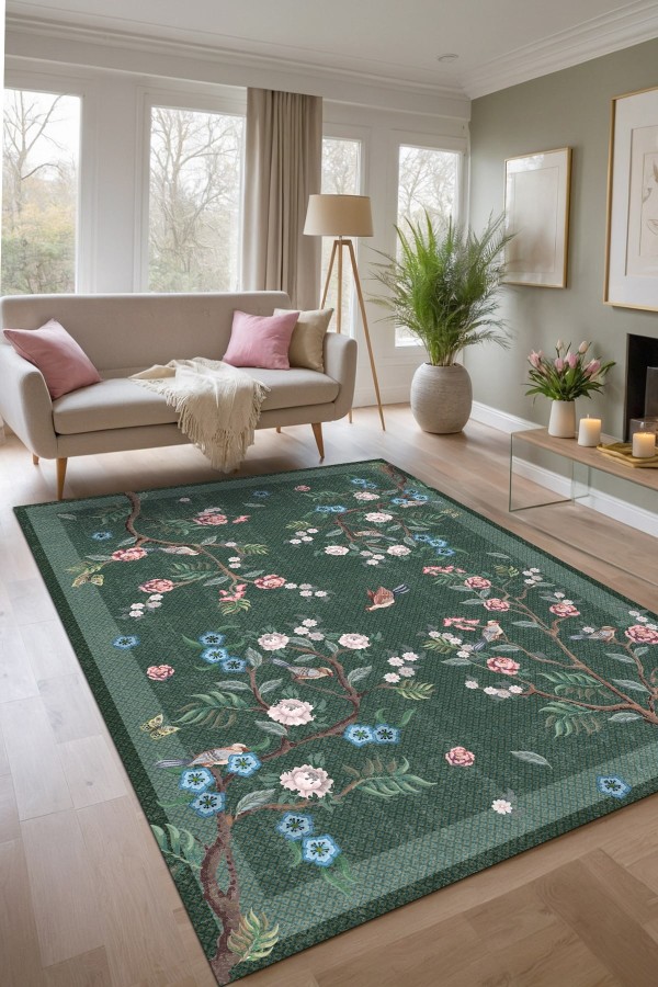 Groos Floral Desenli Pamuk Tabanlı Yıkanabilen Kaydırmaz Antibakteriyel Şönil Salon Halısı Groos Floral Desenli Pamuk Tabanlı Yıkanabilen Kaydırmaz Antibakteriyel Şönil Salon Halısı