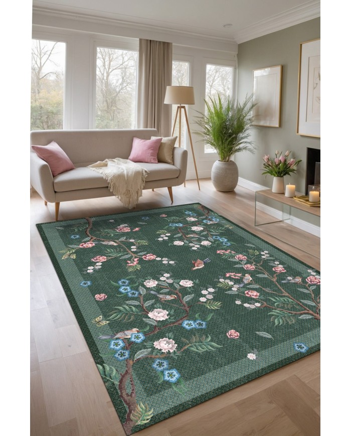 Groos Floral Desenli Pamuk Tabanlı Yıkanabilen Kaydırmaz Antibakteriyel Şönil Salon Halısı