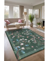 Groos Floral Desenli Pamuk Tabanlı Yıkanabilen Kaydırmaz Antibakteriyel Şönil Salon Halısı