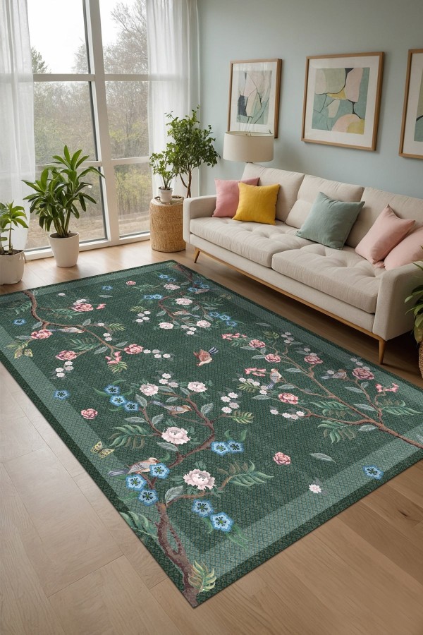 Groos Floral Desenli Pamuk Tabanlı Yıkanabilen Kaydırmaz Antibakteriyel Şönil Salon Halısı Groos Floral Desenli Pamuk Tabanlı Yıkanabilen Kaydırmaz Antibakteriyel Şönil Salon Halısı