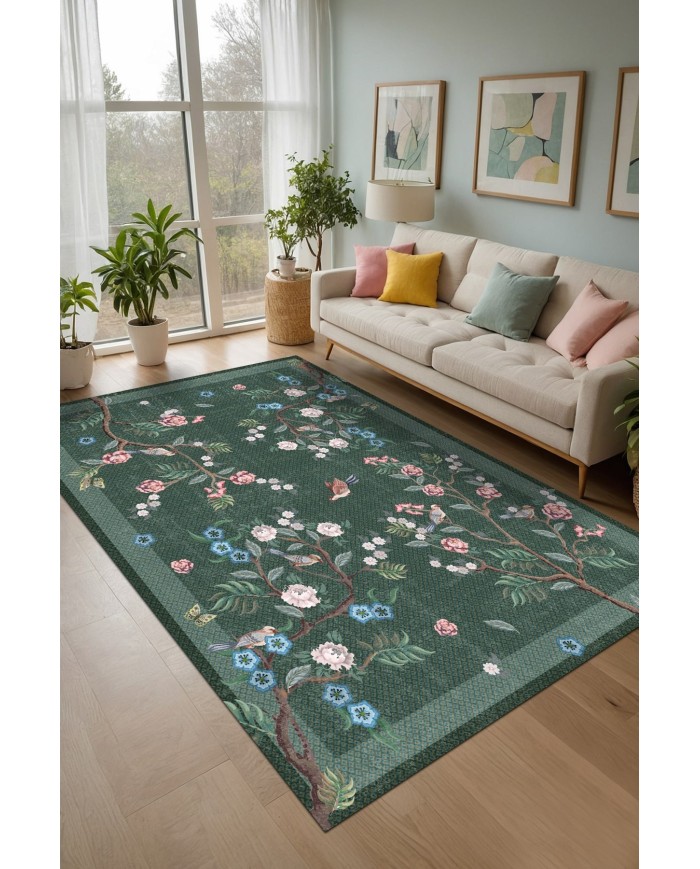 Groos Floral Desenli Pamuk Tabanlı Yıkanabilen Kaydırmaz Antibakteriyel Şönil Salon Halısı