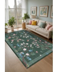 Groos Floral Desenli Pamuk Tabanlı Yıkanabilen Kaydırmaz Antibakteriyel Şönil Salon Halısı