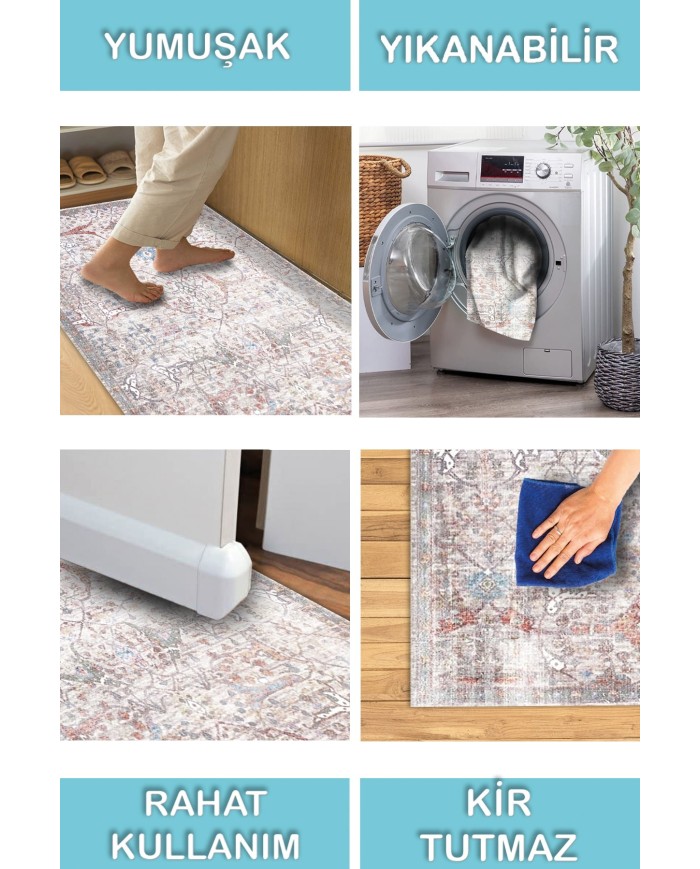 Seguro Vintage Desenli Pamuk Tabanlı Yıkanabilen Kaydırmaz Antibakteriyel Şönil Salon Halısı