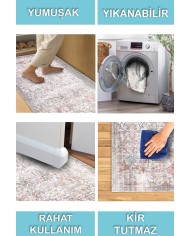 Seguro Vintage Desenli Pamuk Tabanlı Yıkanabilen Kaydırmaz Antibakteriyel Şönil Salon Halısı