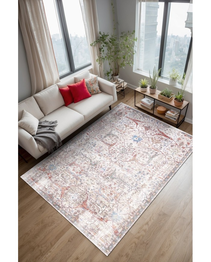 Seguro Vintage Desenli Pamuk Tabanlı Yıkanabilen Kaydırmaz Antibakteriyel Şönil Salon Halısı