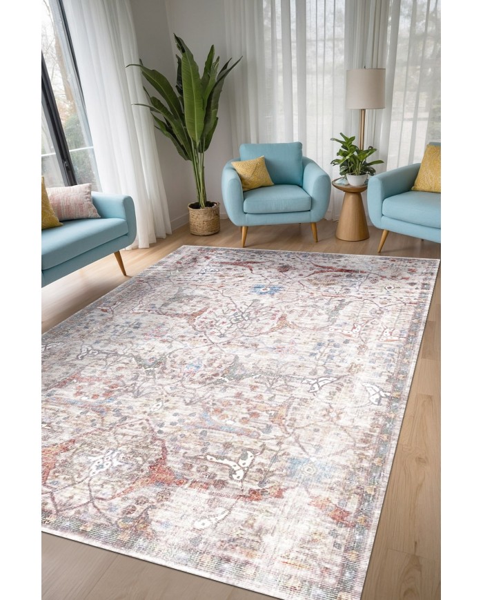 Seguro Vintage Desenli Pamuk Tabanlı Yıkanabilen Kaydırmaz Antibakteriyel Şönil Salon Halısı