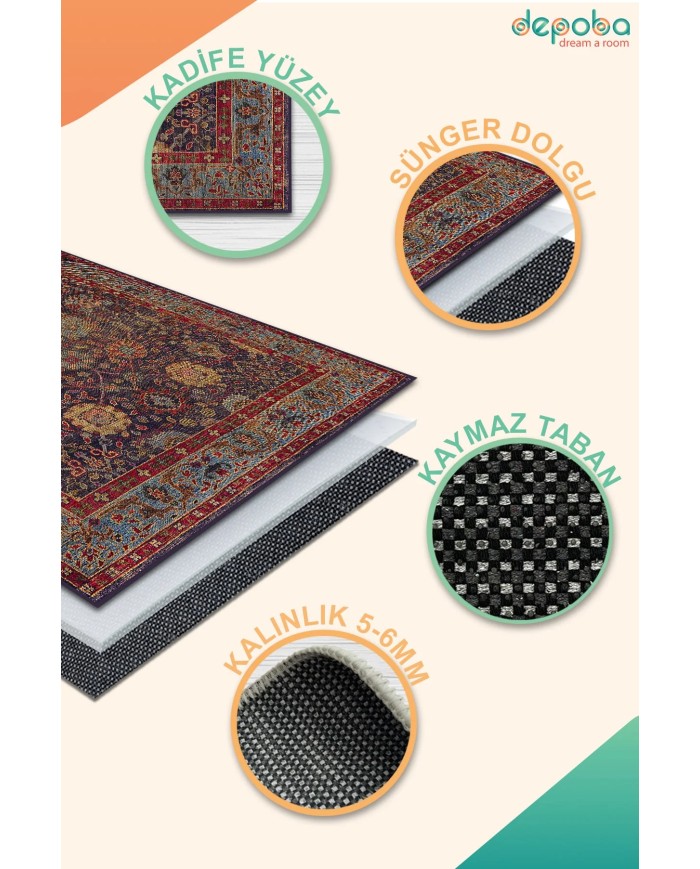 Sarah Kadife Yıkanabilir Kaymaz Pamuk Tabanlı Antibakteriyel Salon Halısı