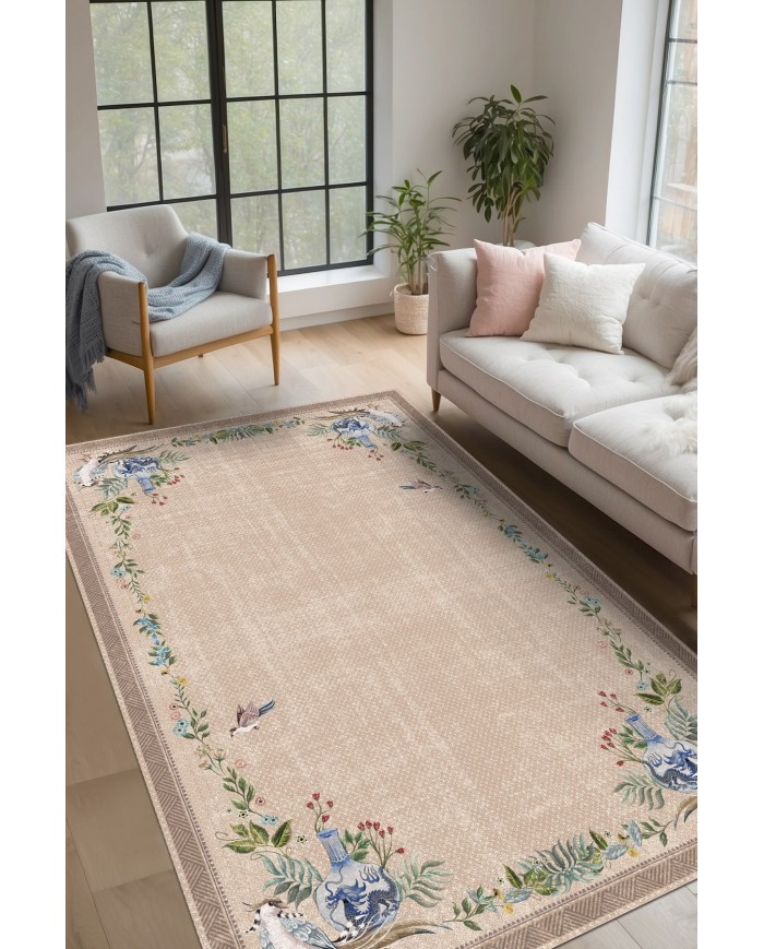 Ebers Floral Desenli Pamuk Tabanlı Yıkanabilen Kaydırmaz Antibakteriyel Şönil Salon Halısı