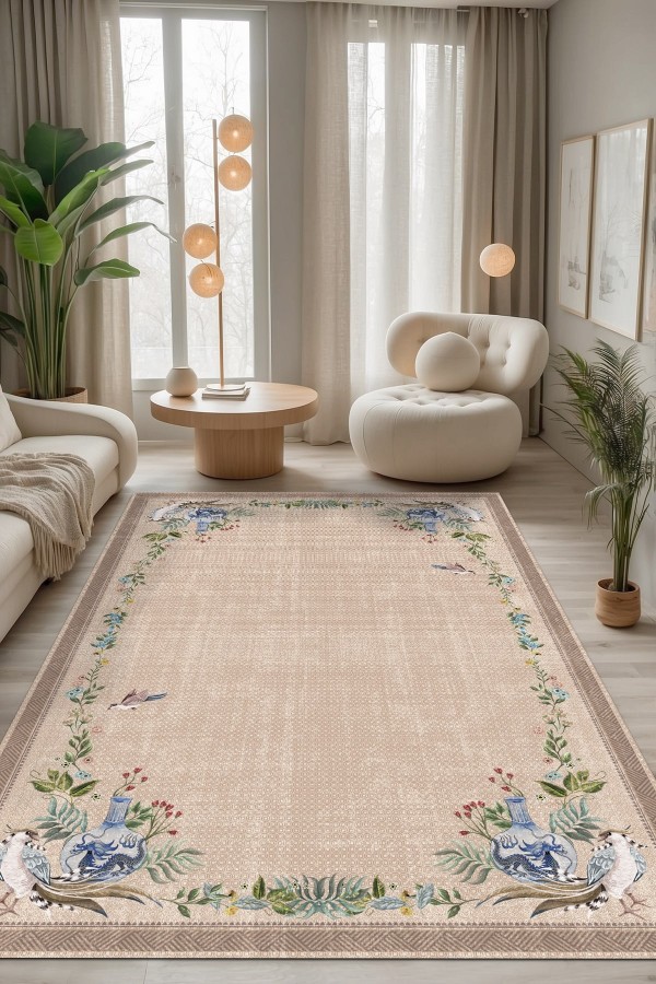 Ebers Floral Desenli Pamuk Tabanlı Yıkanabilen Kaydırmaz Antibakteriyel Şönil Salon Halısı Ebers Floral Desenli Pamuk Tabanlı Yıkanabilen Kaydırmaz Antibakteriyel Şönil Salon Halısı