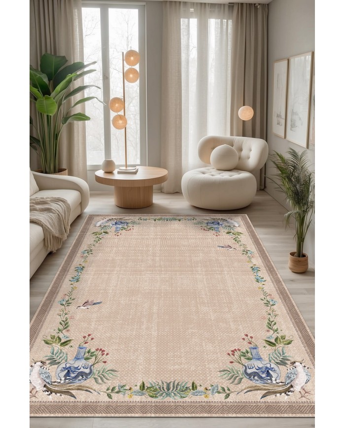 Ebers Floral Desenli Pamuk Tabanlı Yıkanabilen Kaydırmaz Antibakteriyel Şönil Salon Halısı