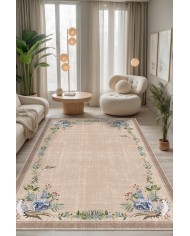 Ebers Floral Desenli Pamuk Tabanlı Yıkanabilen Kaydırmaz Antibakteriyel Şönil Salon Halısı