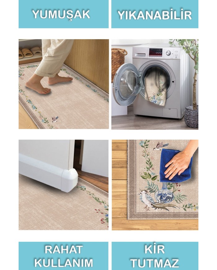 Ebers Floral Desenli Pamuk Tabanlı Yıkanabilen Kaydırmaz Antibakteriyel Şönil Salon Halısı