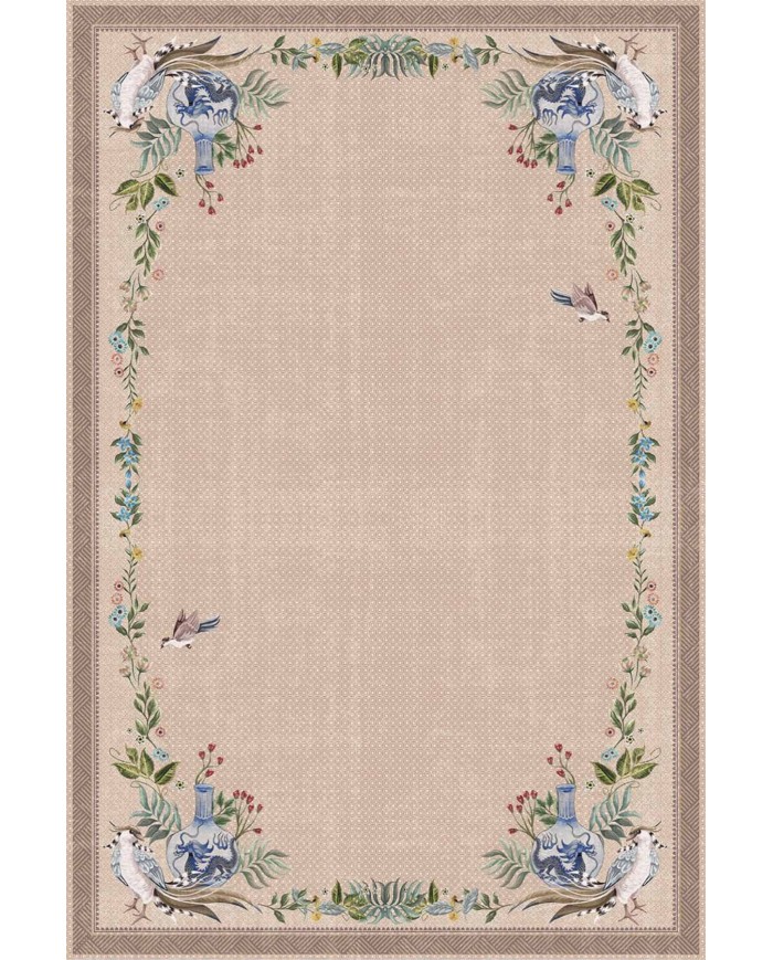 Ebers Floral Desenli Pamuk Tabanlı Yıkanabilen Kaydırmaz Antibakteriyel Şönil Salon Halısı