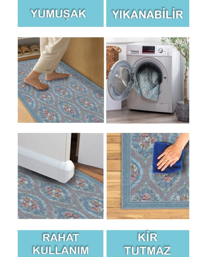 Etal Floral Desenli Pamuk Tabanlı Yıkanabilen Kaydırmaz Antibakteriyel Şönil Salon Halısı