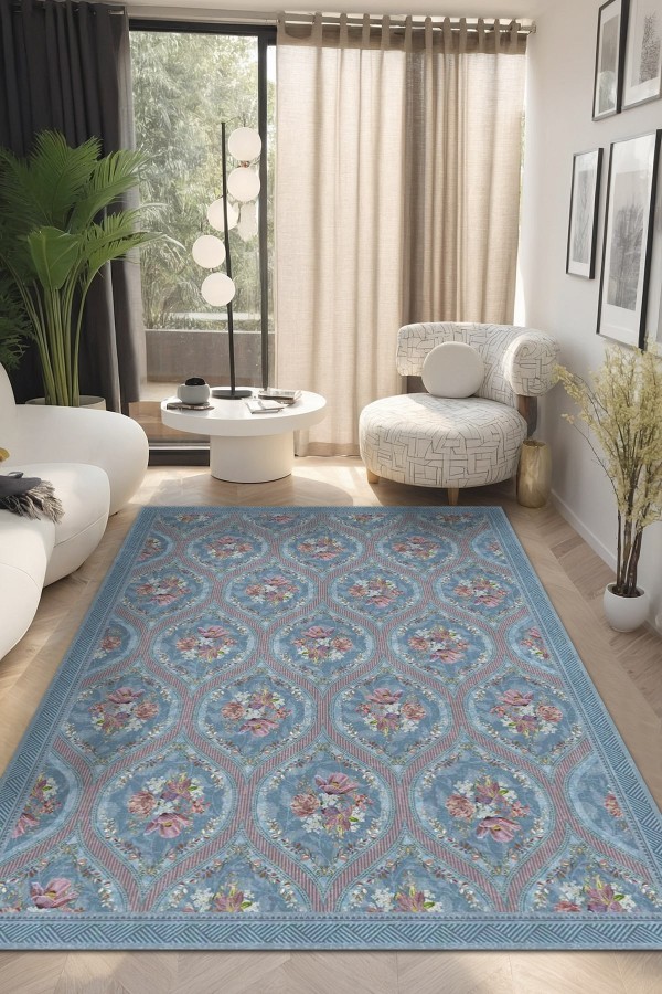 Etal Floral Desenli Pamuk Tabanlı Yıkanabilen Kaydırmaz Antibakteriyel Şönil Salon Halısı Etal Floral Desenli Pamuk Tabanlı Yıkanabilen Kaydırmaz Antibakteriyel Şönil Salon Halısı