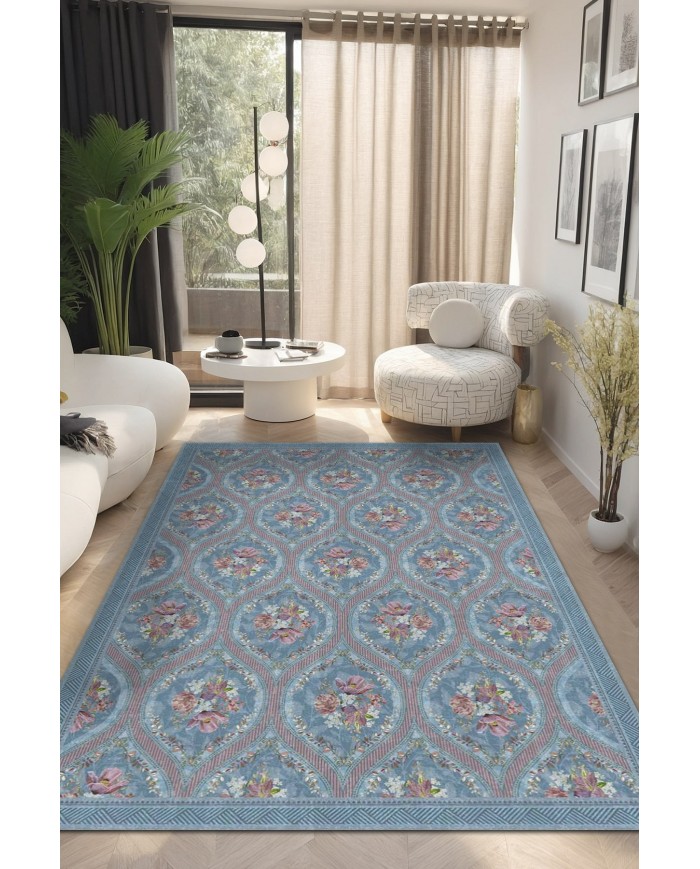 Etal Floral Desenli Pamuk Tabanlı Yıkanabilen Kaydırmaz Antibakteriyel Şönil Salon Halısı