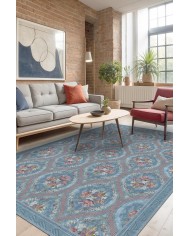 Etal Floral Desenli Pamuk Tabanlı Yıkanabilen Kaydırmaz Antibakteriyel Şönil Salon Halısı