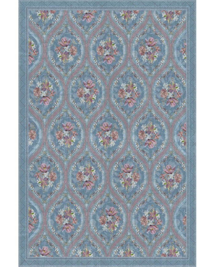 Etal Floral Desenli Pamuk Tabanlı Yıkanabilen Kaydırmaz Antibakteriyel Şönil Salon Halısı