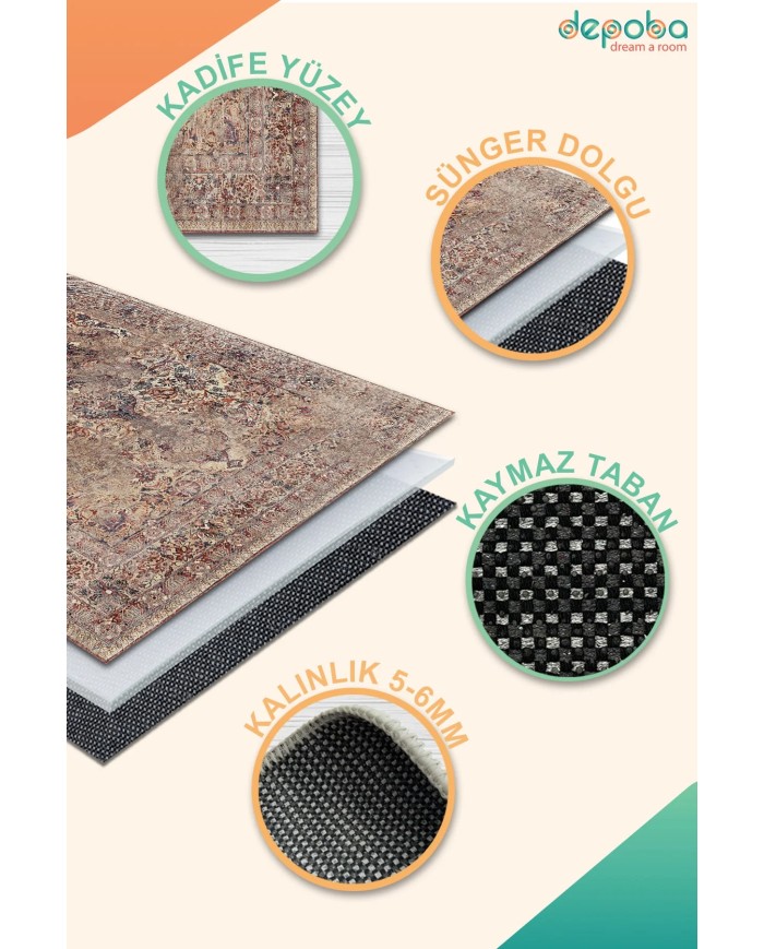 Vanessa Kadife Yıkanabilir Kaymaz Pamuk Tabanlı Antibakteriyel Salon Halısı