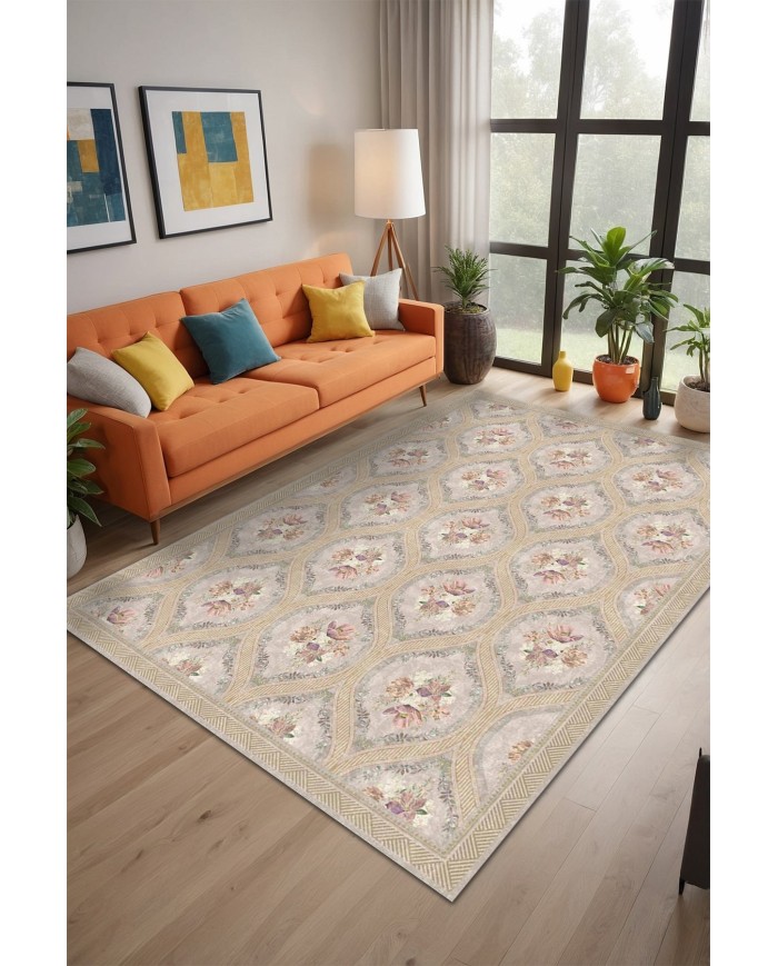 Evanse Floral Desenli Pamuk Tabanlı Yıkanabilen Kaydırmaz Antibakteriyel Şönil Salon Halısı
