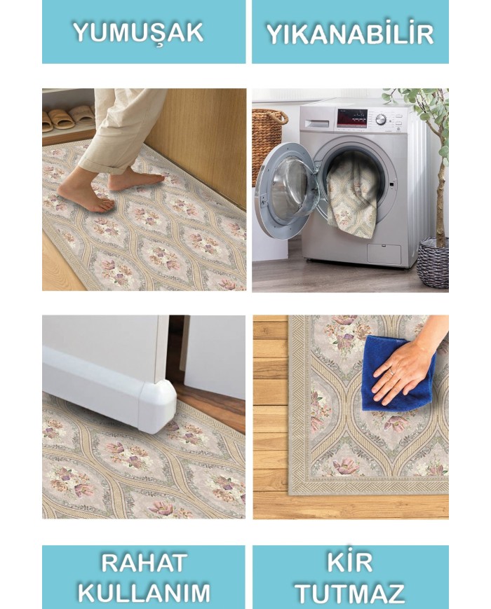 Evanse Floral Desenli Pamuk Tabanlı Yıkanabilen Kaydırmaz Antibakteriyel Şönil Salon Halısı