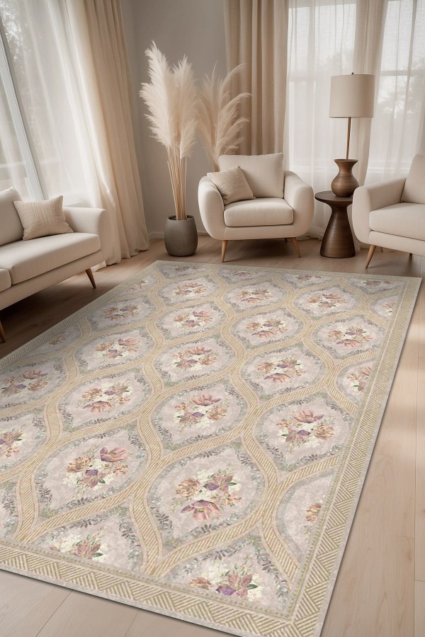 Evanse Floral Desenli Pamuk Tabanlı Yıkanabilen Kaydırmaz Antibakteriyel Şönil Salon Halısı Evanse Floral Desenli Pamuk Tabanlı Yıkanabilen Kaydırmaz Antibakteriyel Şönil Salon Halısı
