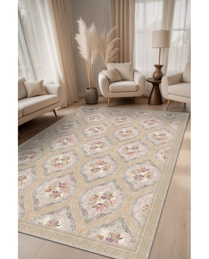 Evanse Floral Desenli Pamuk Tabanlı Yıkanabilen Kaydırmaz Antibakteriyel Şönil Salon Halısı